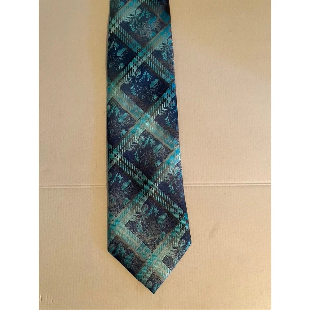 Stacy Adams Men Tie Blue Teal Geometric Plaid Floral Jacquard Silk Blend Necktie